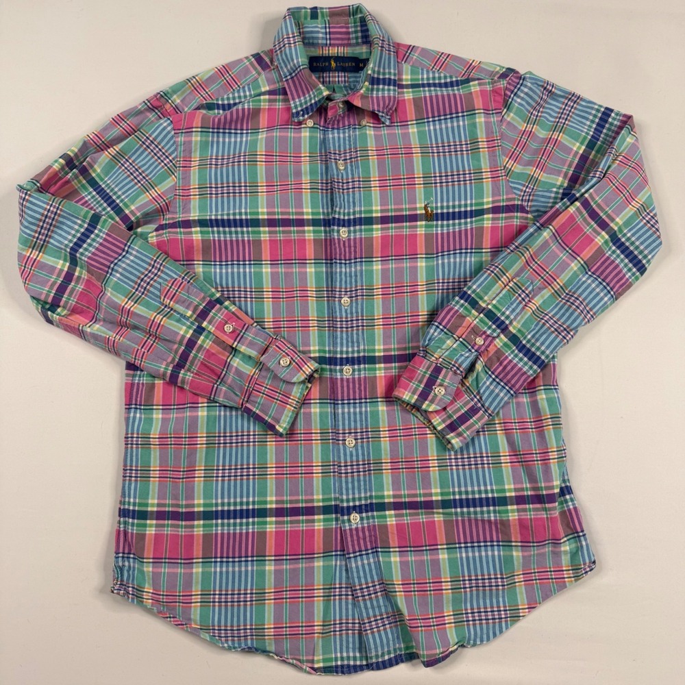Polo Ralph Lauren Button Down Shirt Mens Medium Madras Plaid Cotton Flesh Pony - Picture 2 of 9